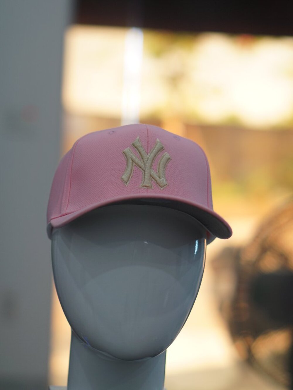 Pink Adjustable Baseball Style Cap With Beige Raised Letter Embroidery